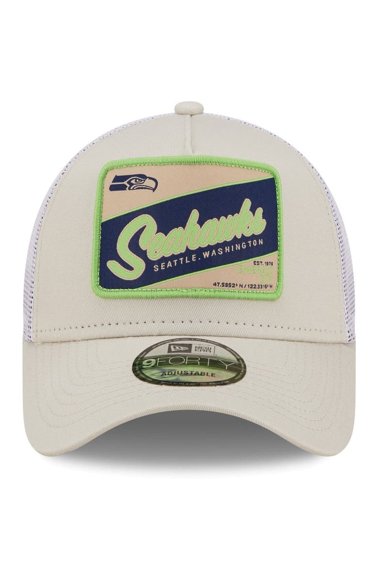 New Era Men's New Era Khaki/White Seattle Seahawks Happy Camper A-Frame Trucker 9FORTY Snapback Hat, Alternate, color, 