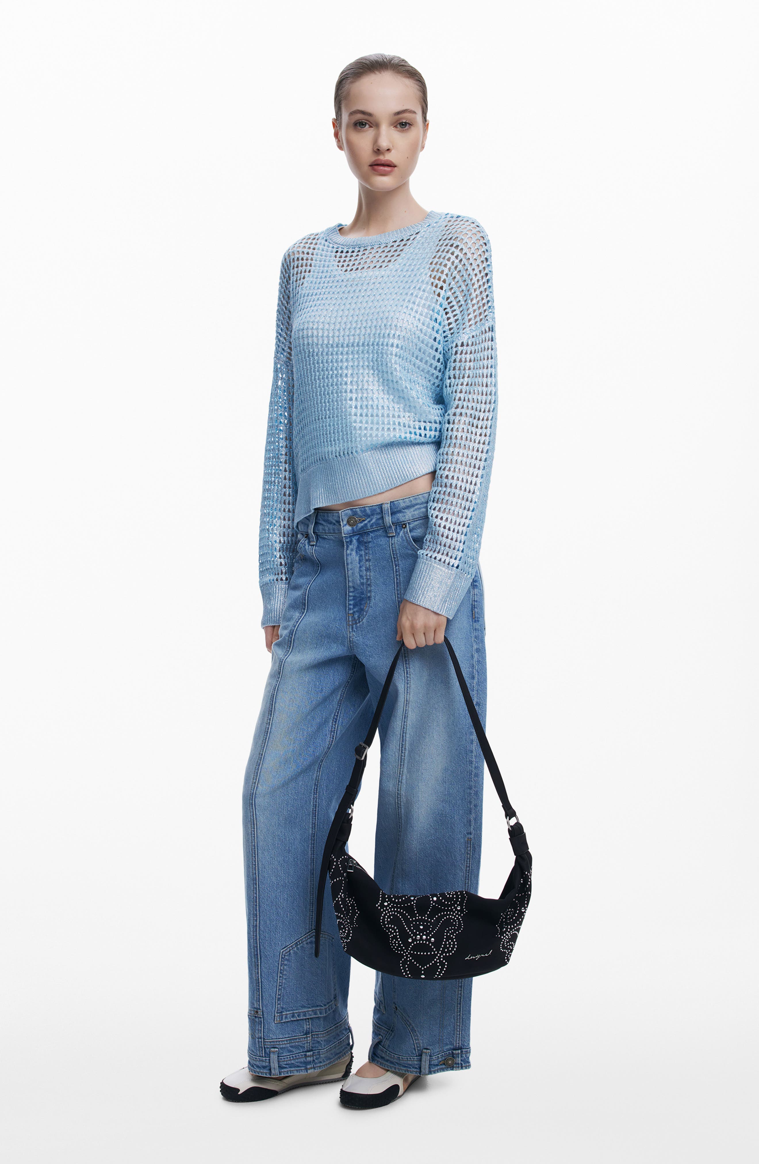 Desigual Studded Faux Leather Shoulder Bag, Alternate, color, Black