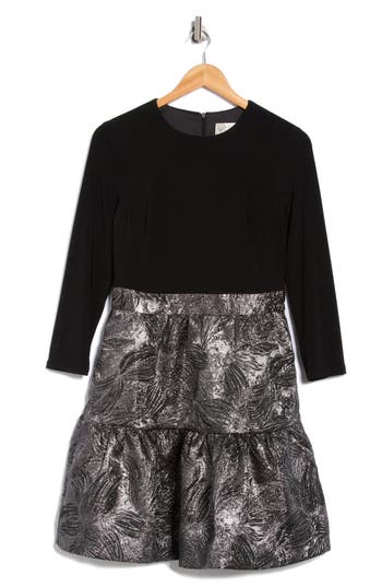 Eliza J Long Sleeve Mixed Media Fit & Flare Dress In Multi