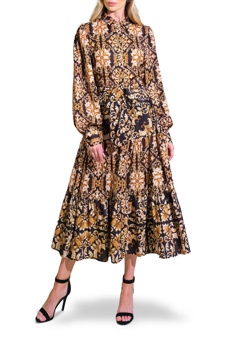 Print Long Sleeve Tiered Midi Shirtdress, Main, color, BLACK