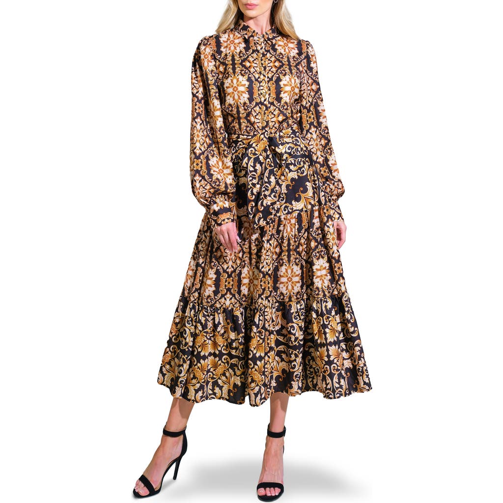 Flying Tomato Print Long Sleeve Tiered Midi Shirtdress In Black