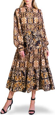 FLYING TOMATO Print Long Sleeve Tiered Midi Shirtdress