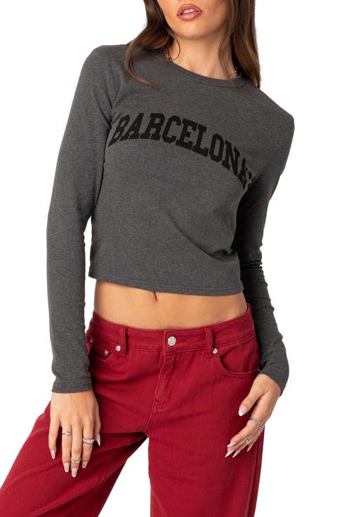Barcelona Long Sleeve Cotton Graphic Crop T-Shirt