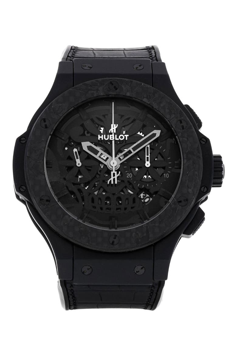 Hublot Preowned 2017 Big Band Automatic Leather Strap Watch, 44mm, Main, color, BLACK