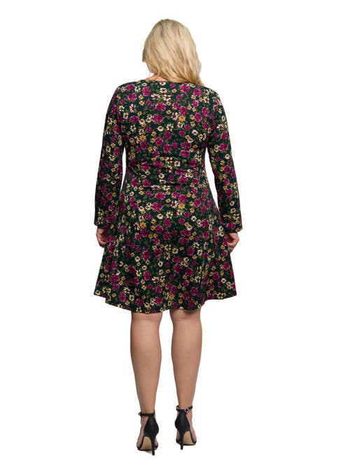 24seven Comfort Apparel Floral Print Long Sleeve Fit And Flare Mini Dress In Multi