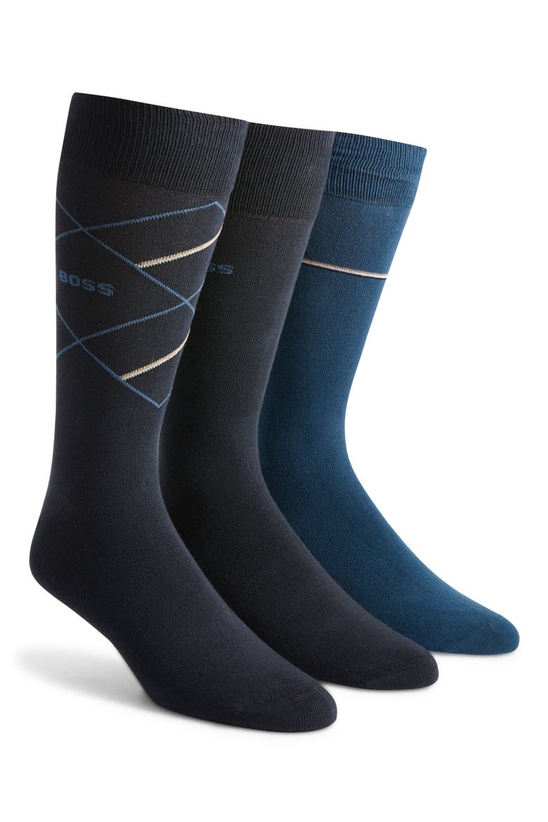 Assorted 3-Pack Icon Pattern & Solid Cotton Blend Dress Socks Gift Box, Main, color, DARK BLUE