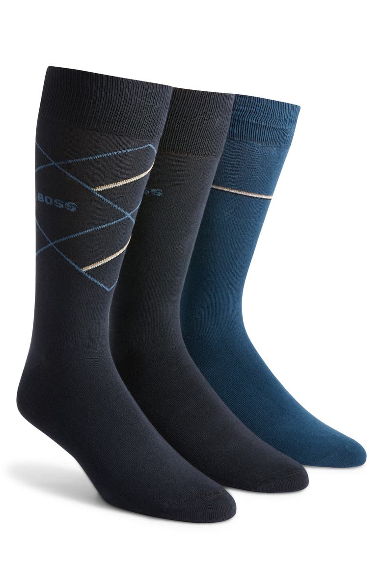 BOSS Assorted 3-Pack Icon Pattern
Solid Cotton Blend Dress Socks Gift Box, Main, color, Dark Blue