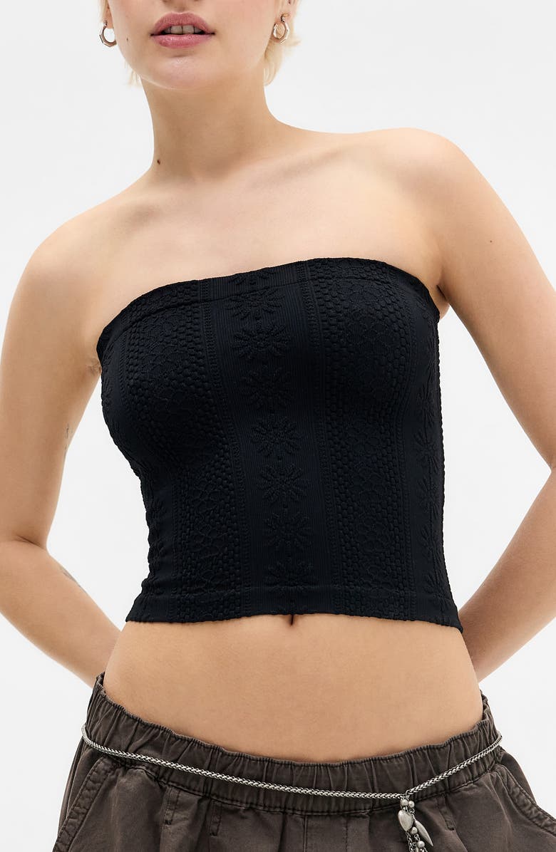 BDG Urban Outfitters Floral Knit Crop Bandeau Top, Main, color, Black