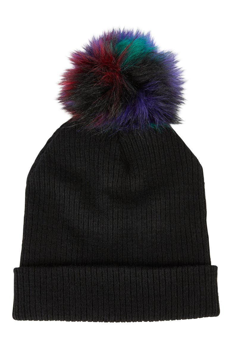 Faux Fur Pompom Beanie, Main, color, BLACK MULTI