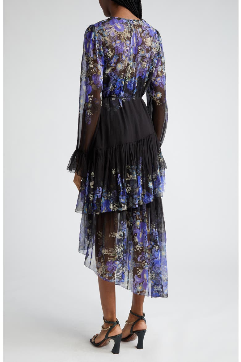 Lyrical Iris Print Tiered Ruffle Long Sleeve Silk Georgette Midi Dress, Alternate, color, BLUE IRIS BLACK