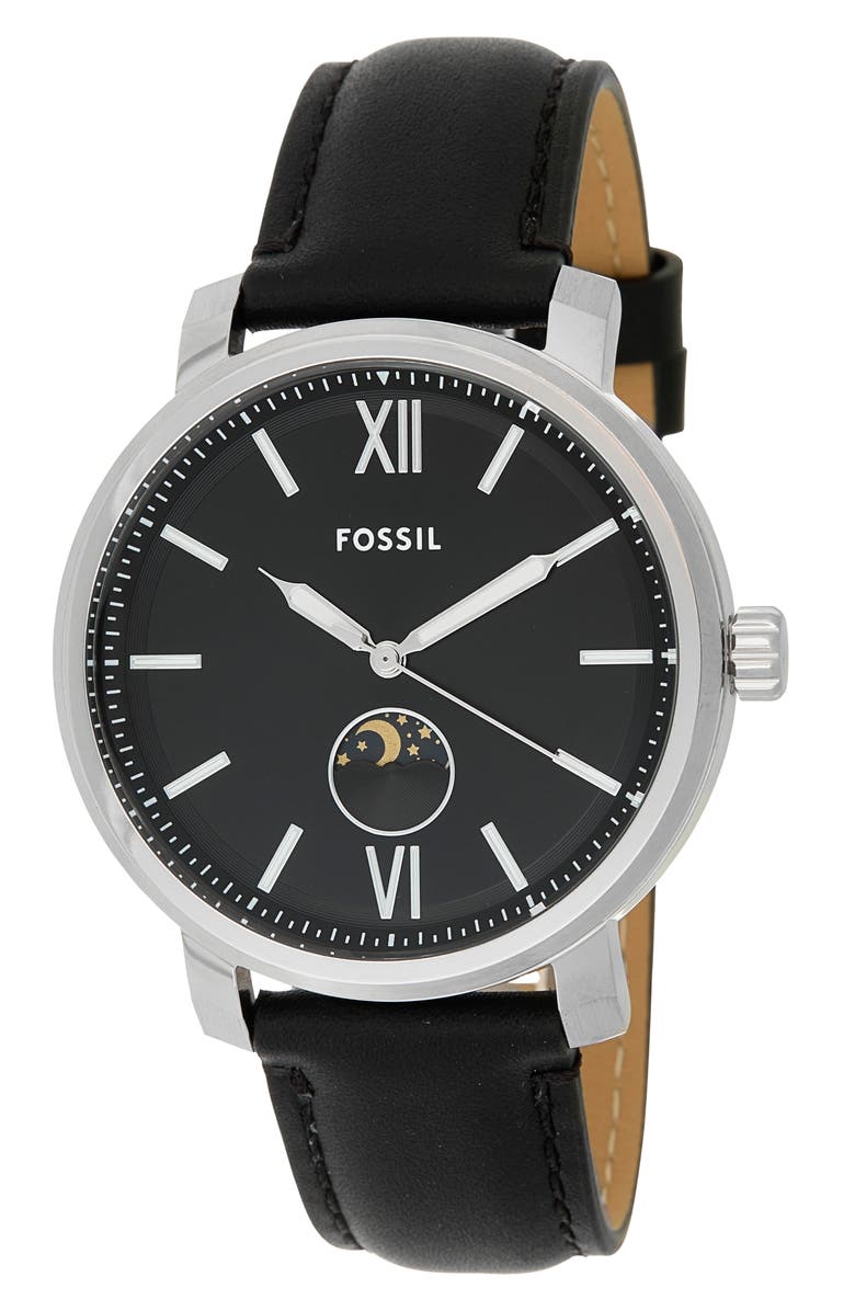 Fossil Rhett Leather Strap Multifunction Watch, 43mm, Alternate, color, Silver