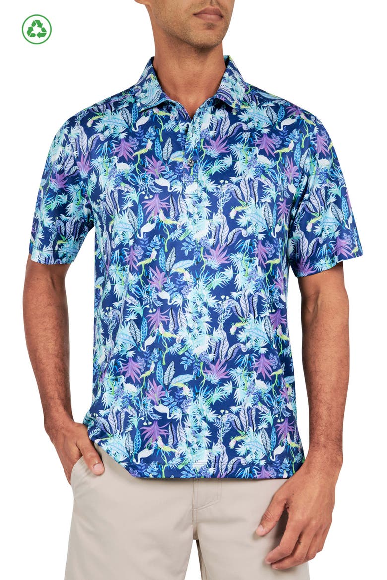 Regular Fit Exotic Bird Print Recycled Performance Golf Polo, Main, color, BLUE