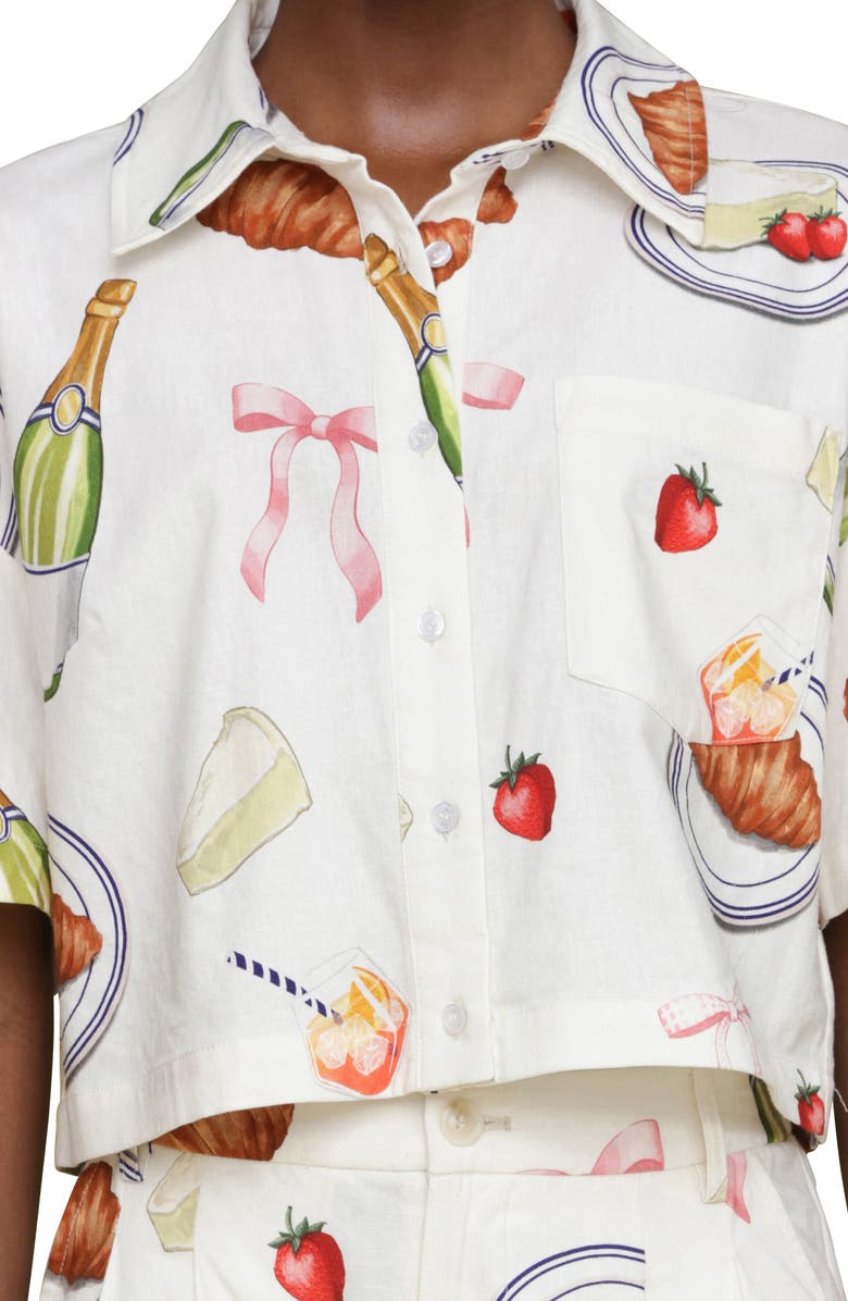 Avec Les Filles Party Print Crop Button-Up Shirt, Alternate, color, Ivory Tabletop Print