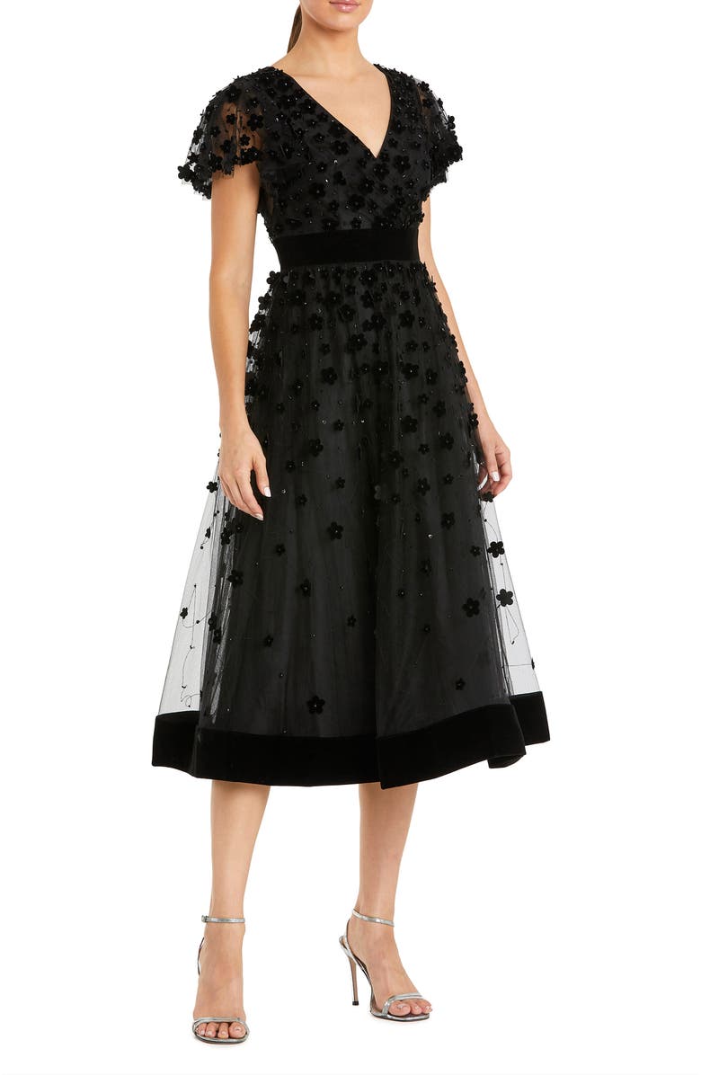 Mac Duggal Embellished Butterfly Sleeve Velvet Hem Midi Dress, Main, color, Black