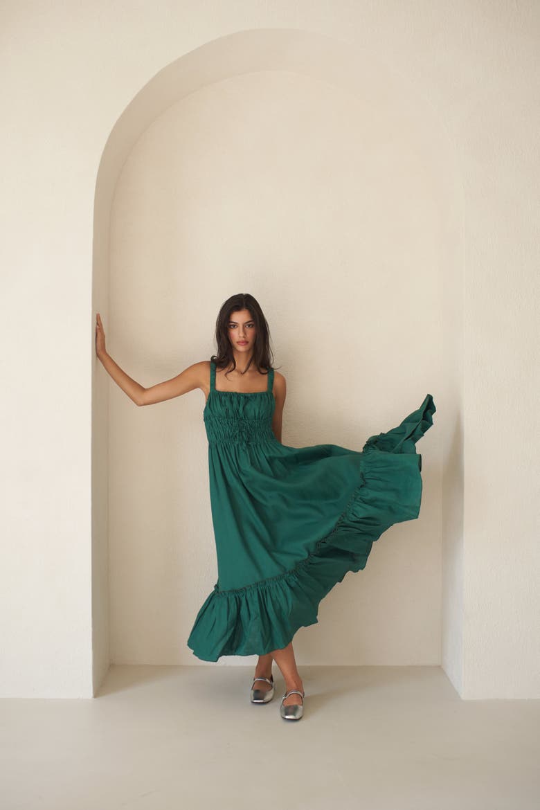 Amara Ruched Midi Linen Dress, Alternate, color, Emerald