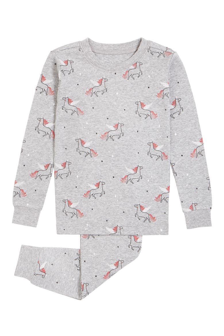Unicorn Fitted Two-Piece Pajamas, Main, color, HEATHER GREY