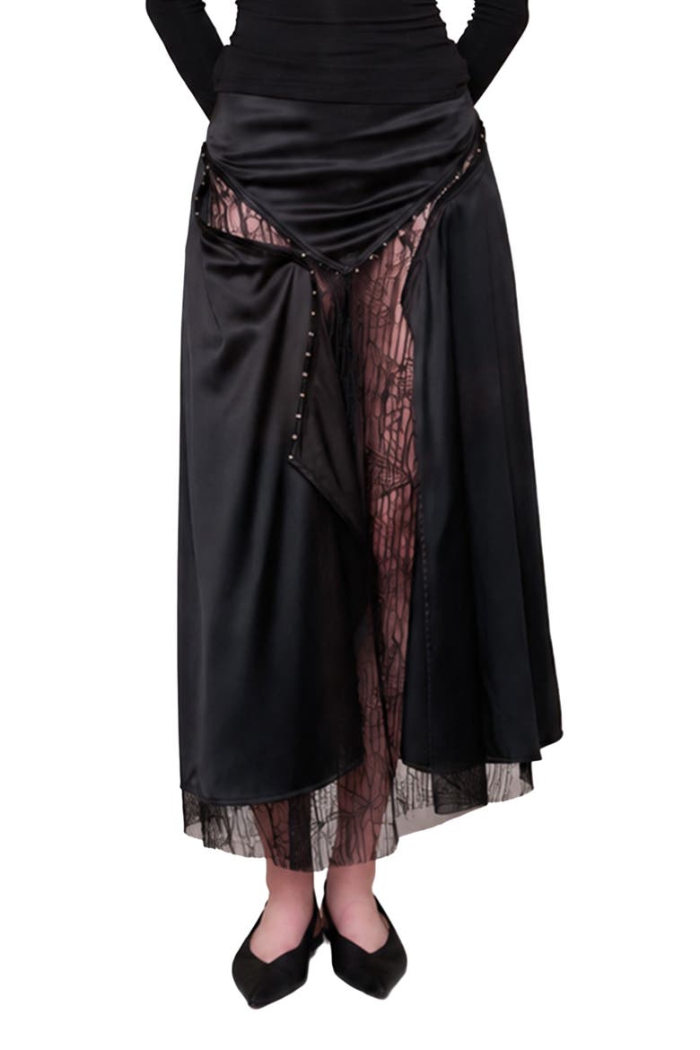 The Party Edit Slit Lace Panel Satin Maxi Skirt, Alternate, color, Black