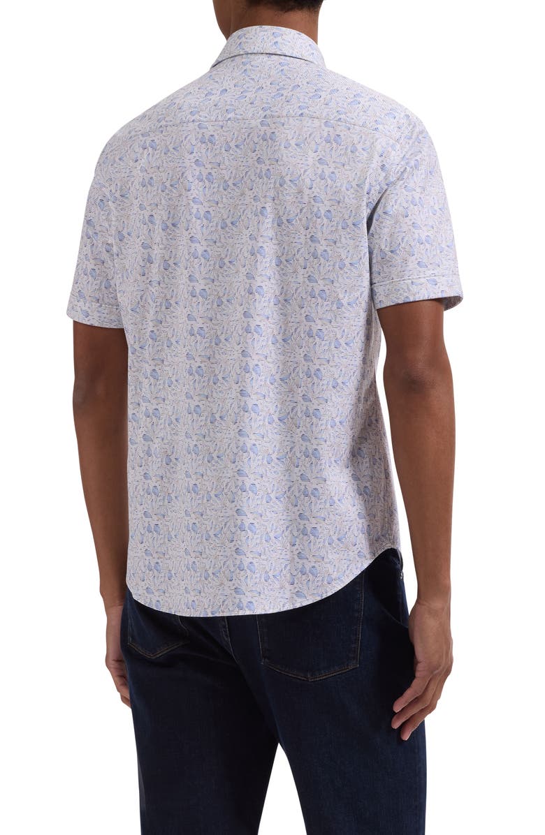 Bugatchi Miles OoohCotton<sup>®</sup> Stripe Leaf Print Short Sleeve Button-Up Shirt, Alternate, color, Sand