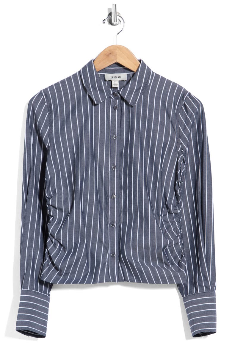 Ruched Striped Cropped Shirt, Main, color, STORMY GRAY/ WHITE