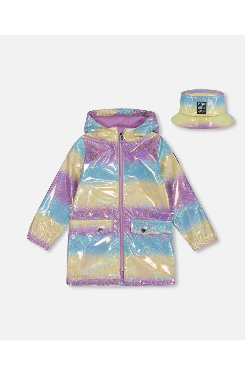 Deux par Deux Girl's Printed Rain Coat With Hat Mauve Blue And Yellow Glitter Gradient, Main, color, 