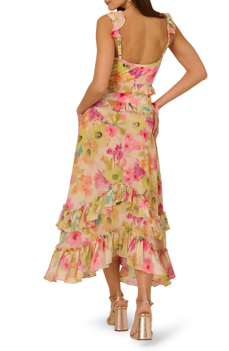 Adrianna Papell Floral Ruffle Trim Chiffon Dress, Alternate, color, Green/ Pink Multi
