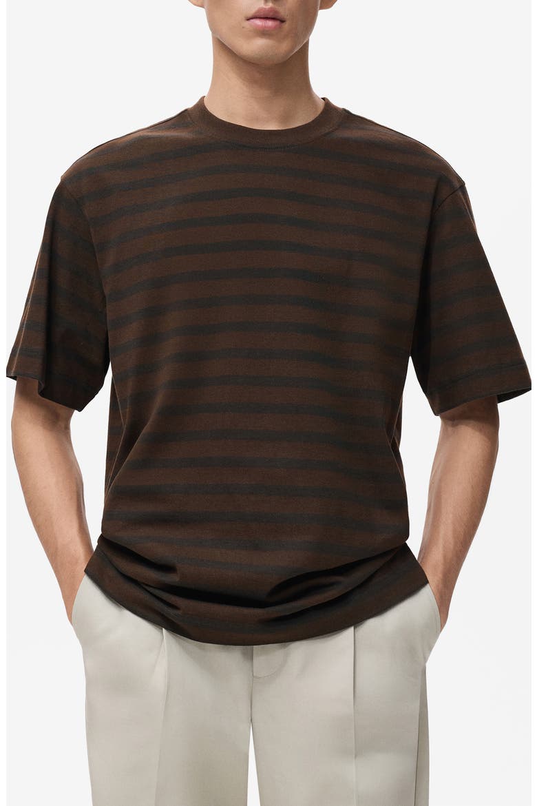 Stripe Relaxed Fit Cotton Crewneck Shirt, Main, color, MEDIUM BROWN