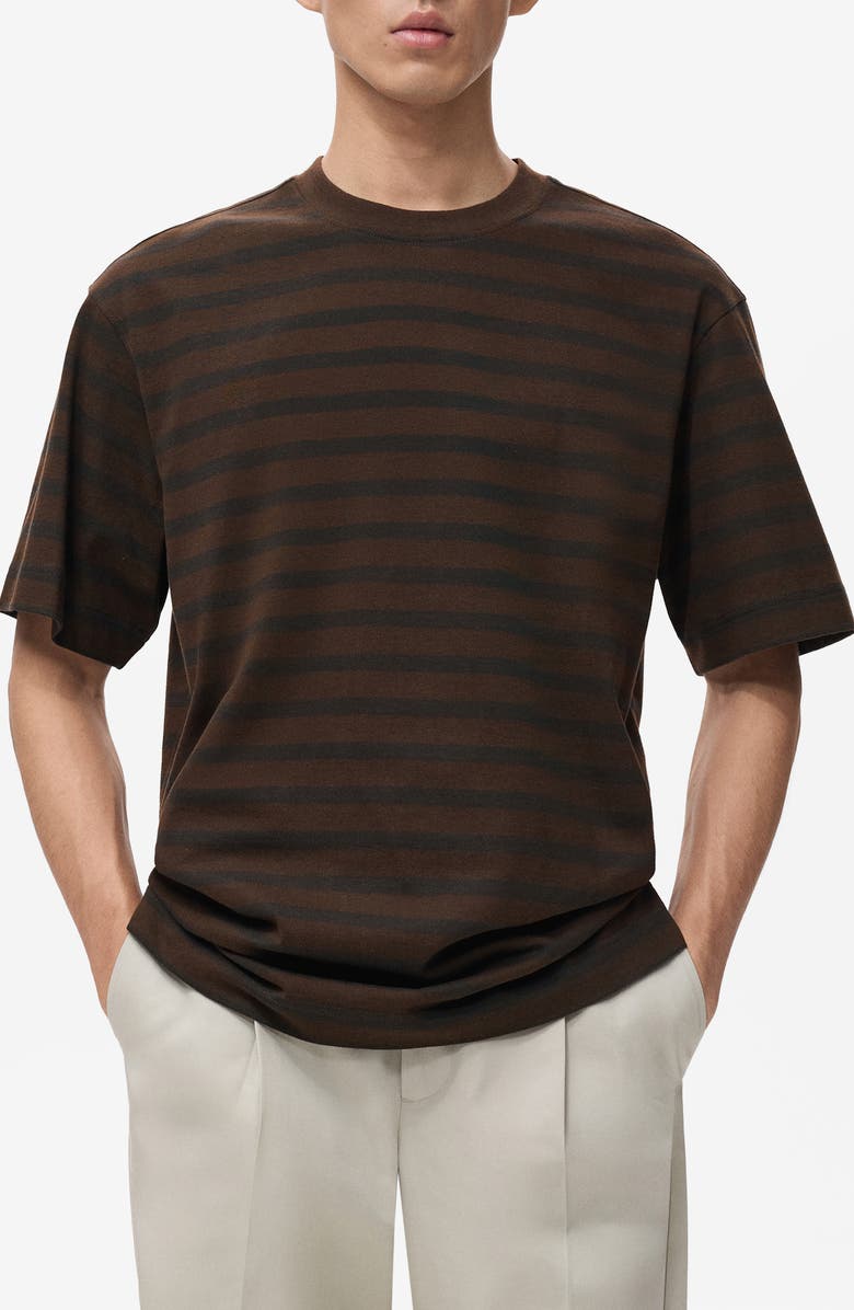 MANGO Stripe Relaxed Fit Cotton Crewneck Shirt, Main, color, Medium Brown