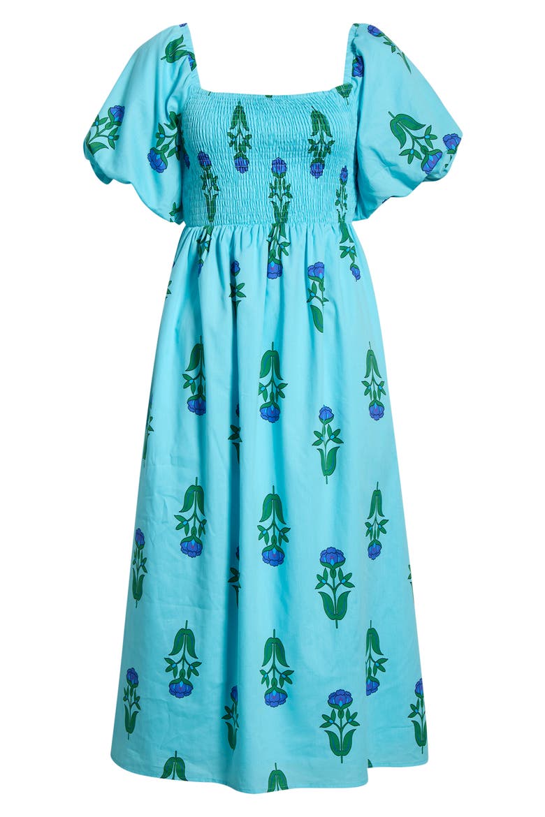Amena Floral Maray Smocked Cotton Midi Dress, Alternate, color, BLUE GREEN