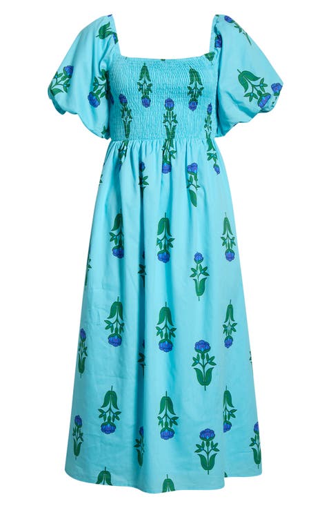 Amena Floral Maray Smocked Cotton Midi Dress