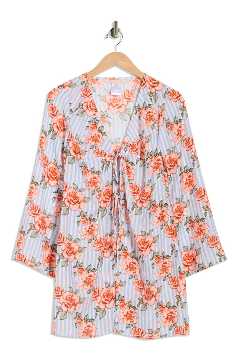 Tie Front Long Sleeve Cover-Up, Alternate, color, CORAL STRPD GRND SPCS RSE