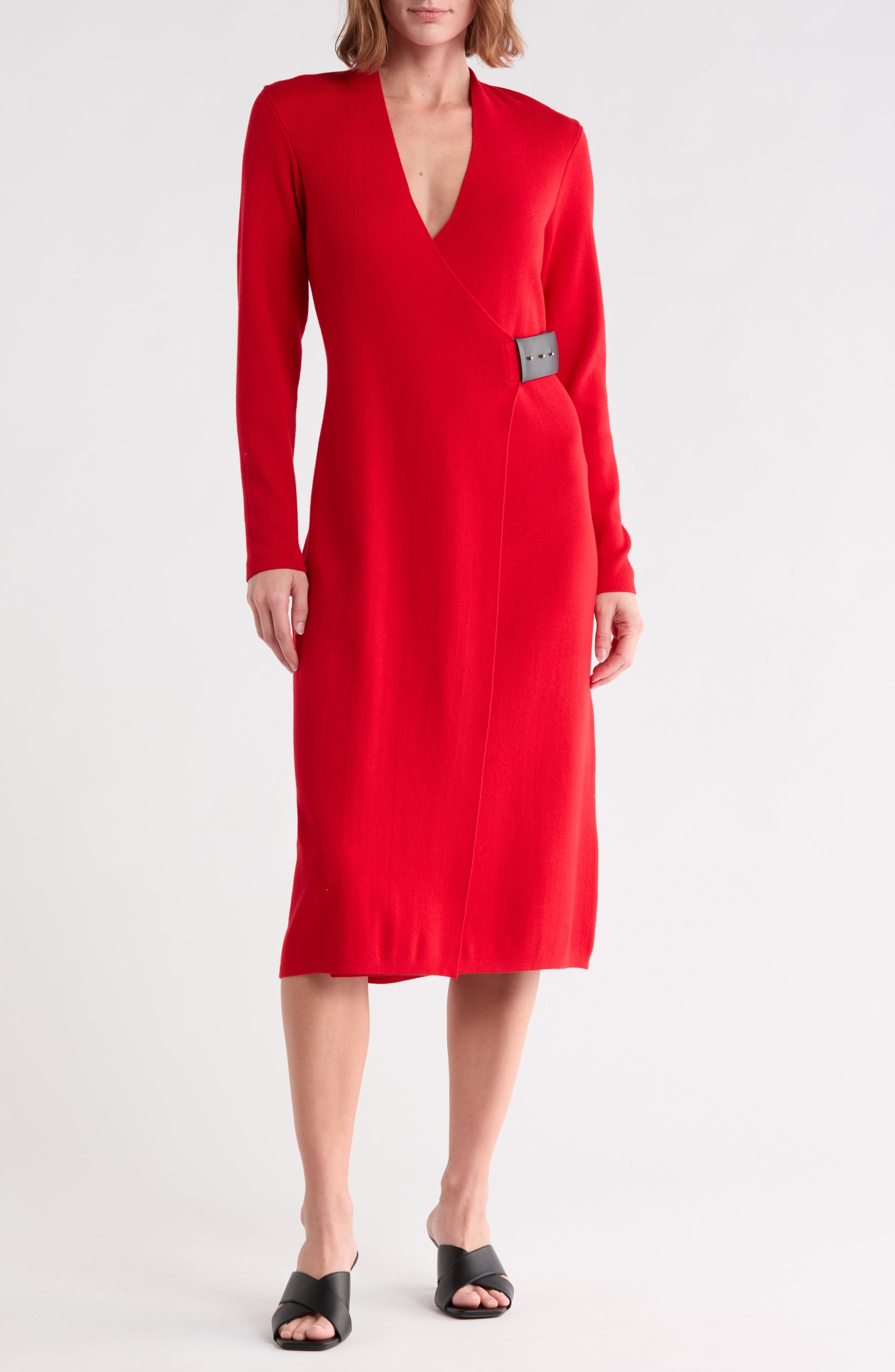 Long Sleeve Faux Wrap Midi Sweater Dress