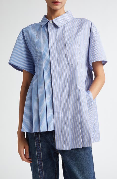 Asymmetric pleated poplin shirt - white - 1