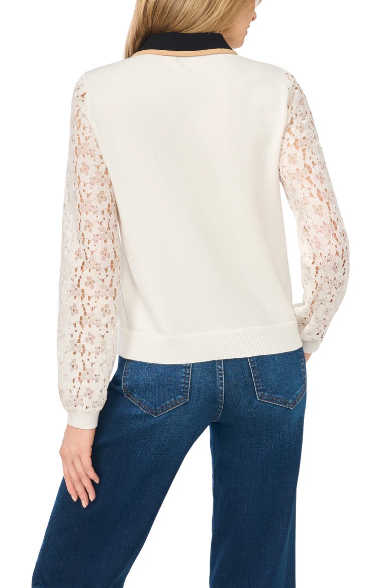 Lace Sleeve Polo Sweater, Alternate, color, ANTIQUE WHITE