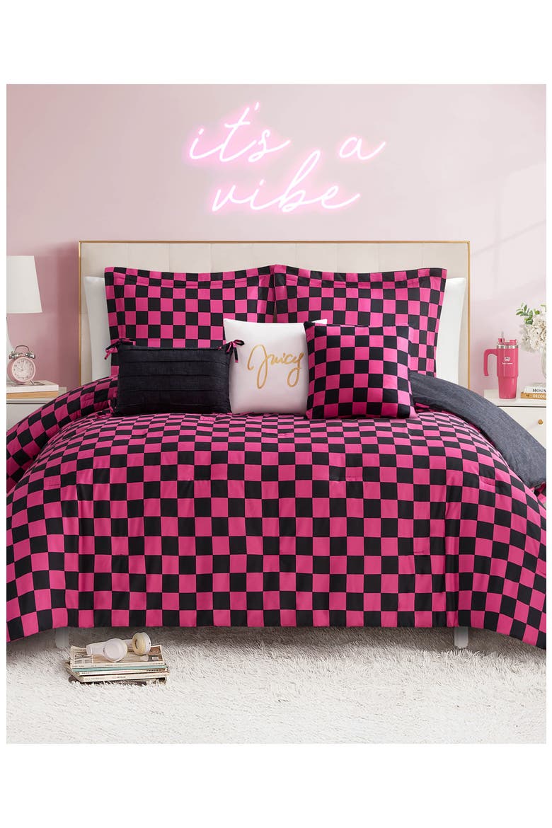 Checkerboard Reversible Comforter & Sham Set, Main, color, CHECKERBOARD BLACK/ HOT PINK
