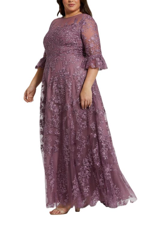 Mac Duggal High Neck Flutter Sleeve Embroidered A Line Gown In Vintage Lilac