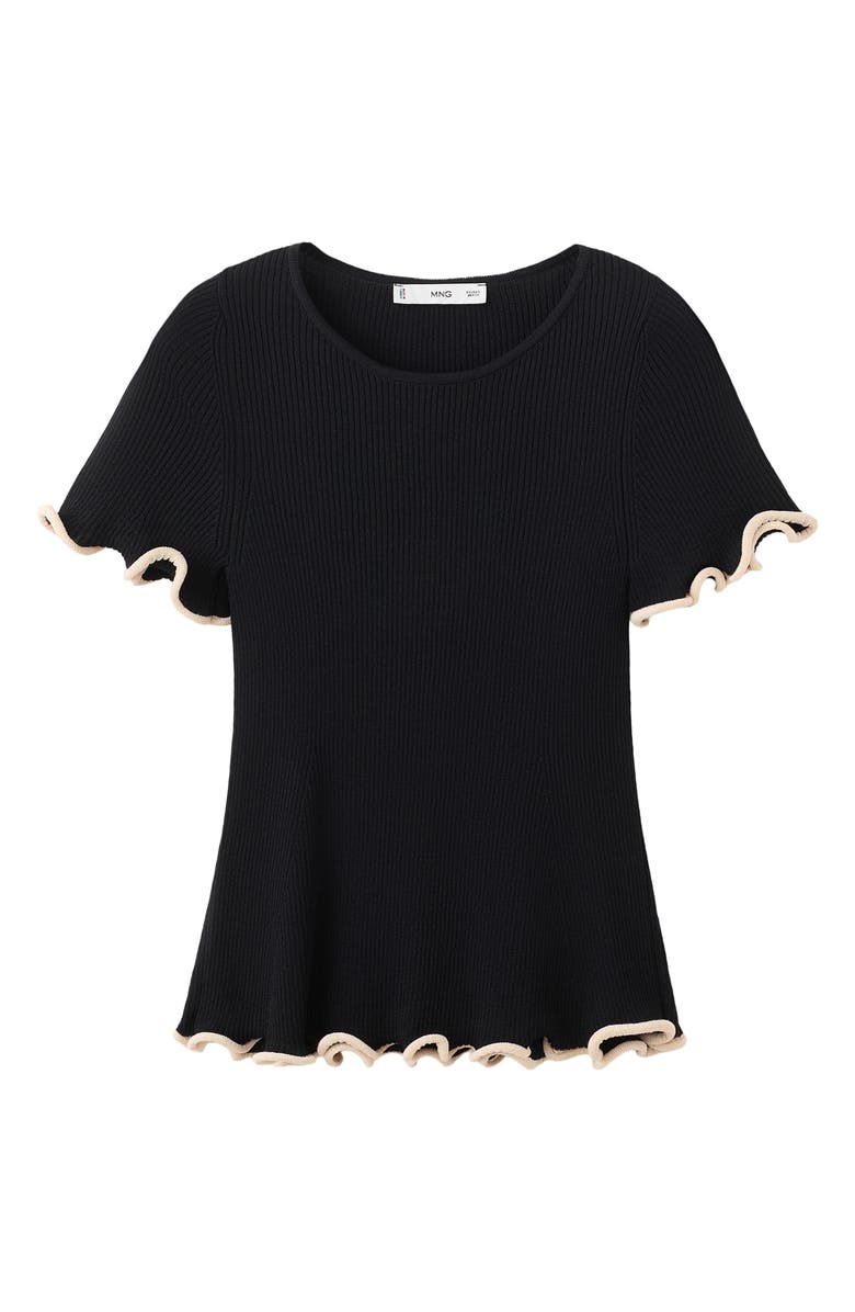 MANGO Ruffle Trim Short Sleeve Sweater, Alternate, color, Black