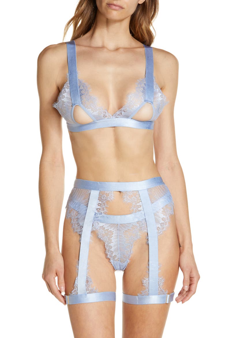 Open Cup Bralette, High Waist Panties & Suspenders Set, Main, color, BRUNNERA BLUE