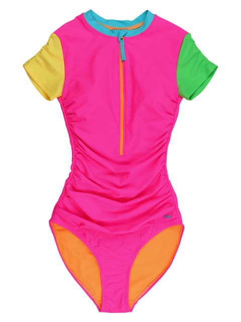 UPF50+ Sun Protected Women's Quarter Zip Short Sleeve One Piece Rash Guard Swimsuit