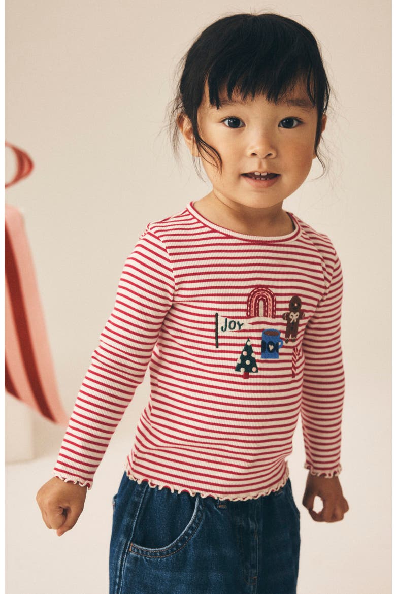 Kids' Festive Rib Long Sleeve Stretch Cotton Top, Alternate, color, RED
