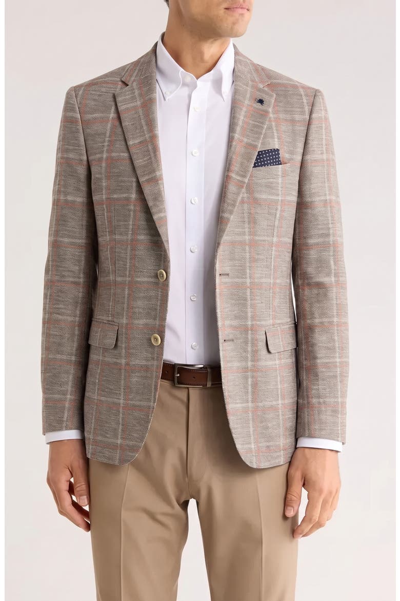 Plaid Stretch Cotton and Linen Blazer, Main, color, SAND