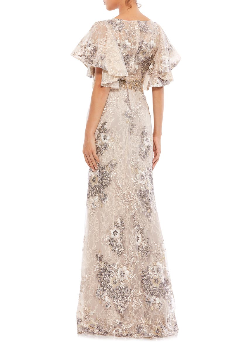 Flutter Sleeve Embellished Lace Trumpet Gown, Alternate, color, TAUPE