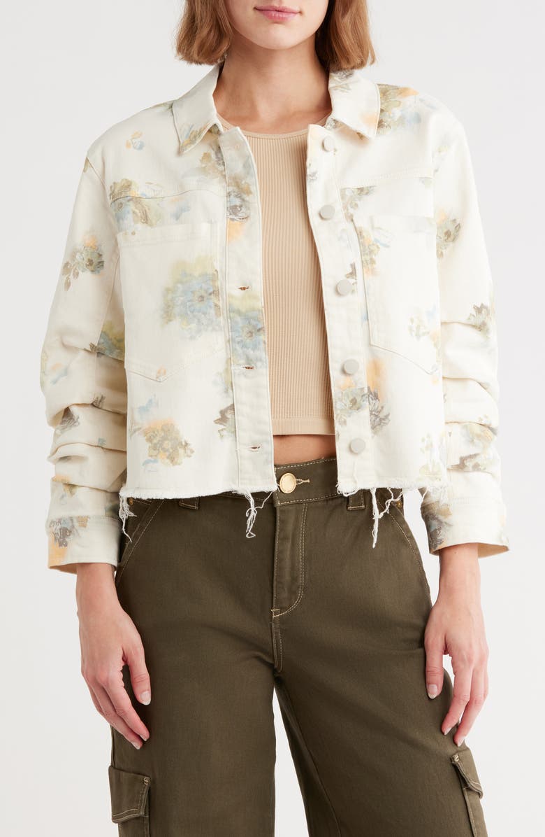 Democracy Ruched Sleeve Crop Denim Jacket, Main, color, Off White Jade Multi