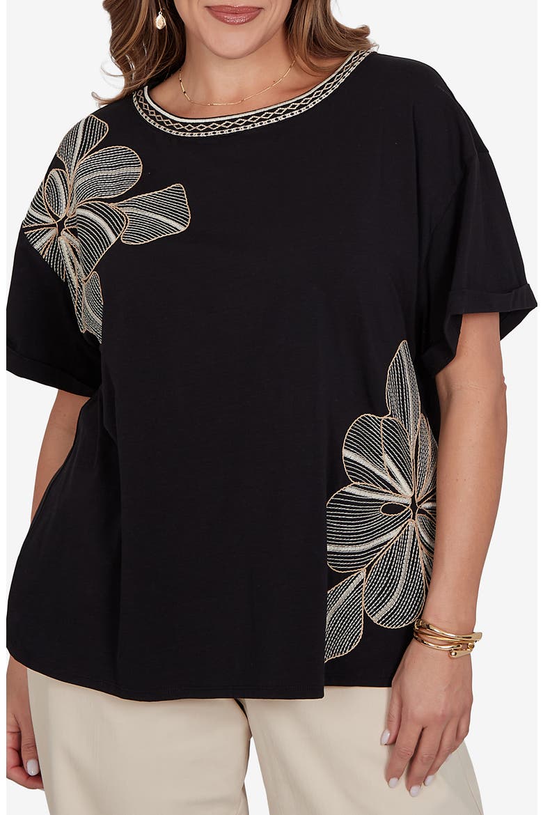 Novelty Floral Placement Embroidery Top, Main, color, BLACK