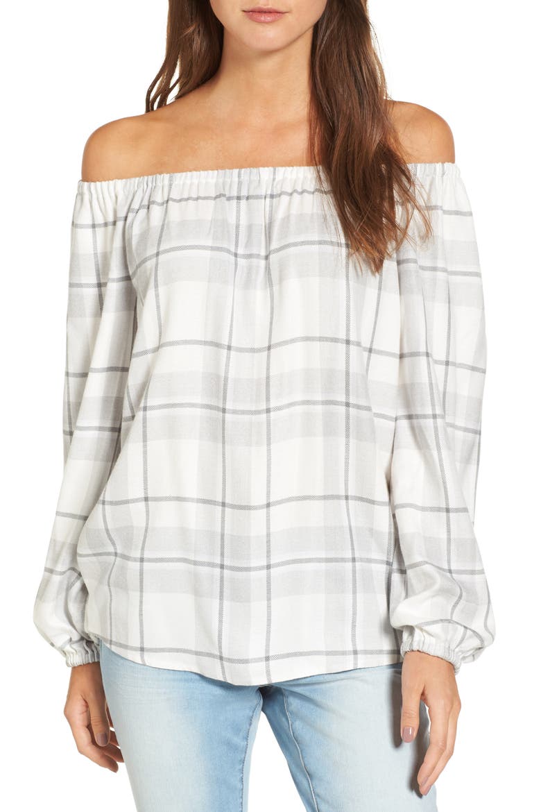 Off the Shoulder Plaid Blouse, Main, color, DOVE