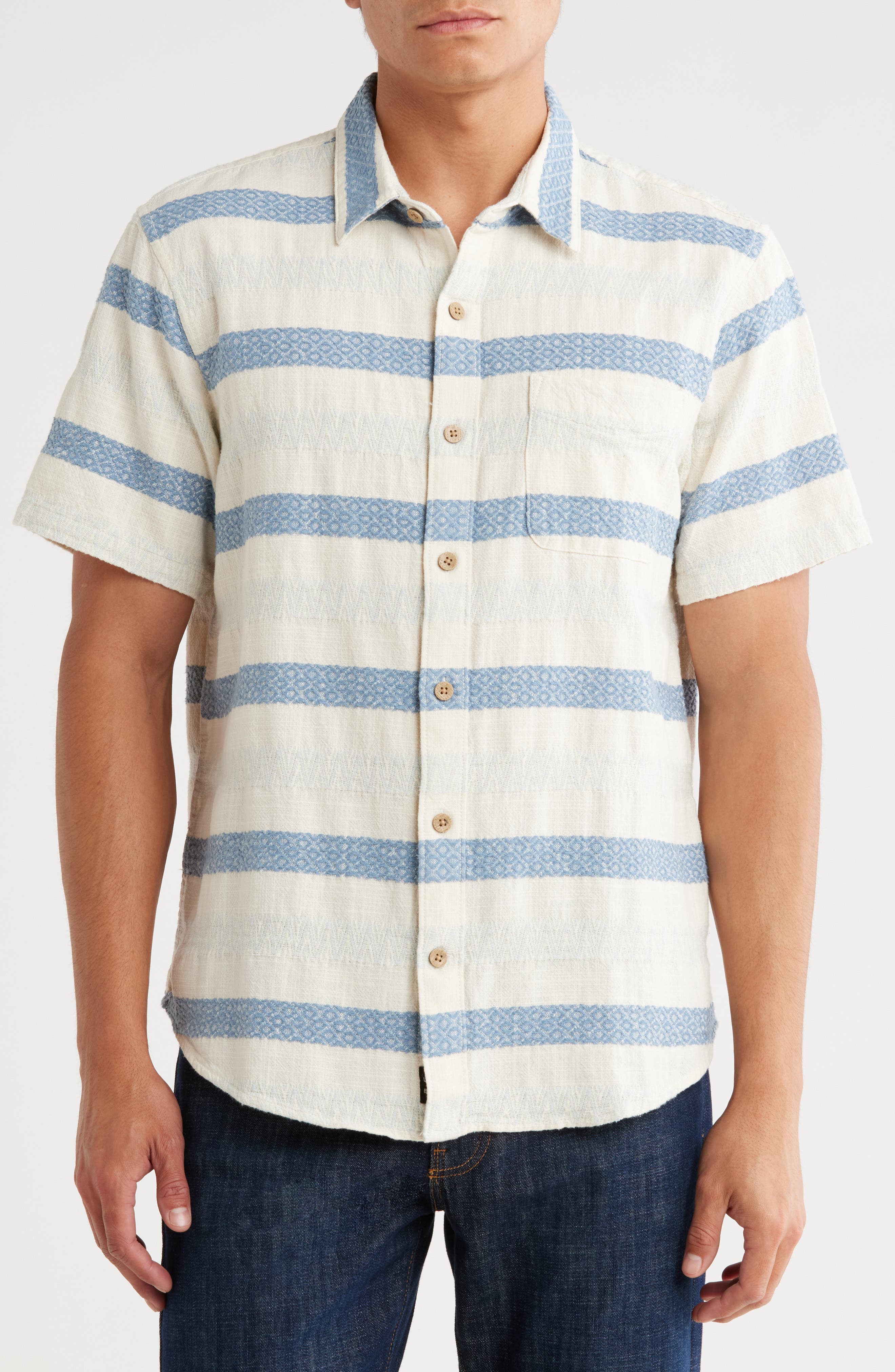 Lucky Brand San Gabriel Dobby Stripe Short Sleeve Cotton Button-Up Shirt