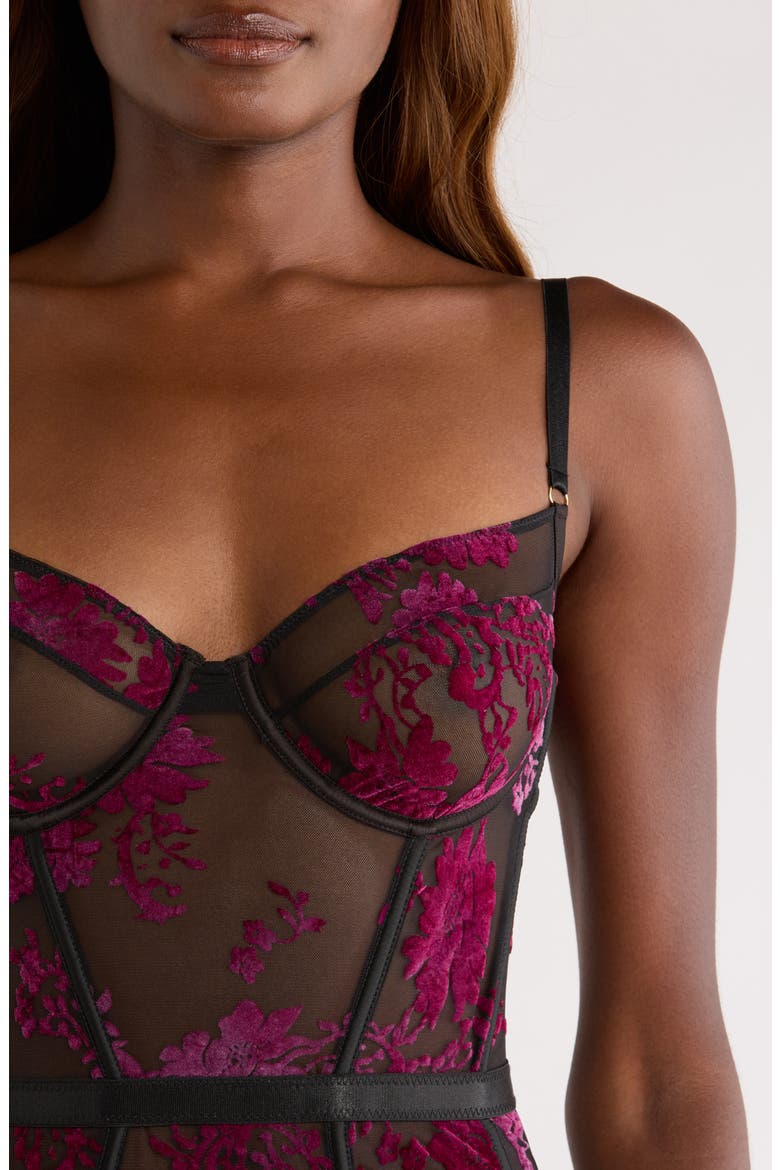 Floral Flocked Underwire Teddy, Alternate, color, BLACK-BOYSENBERRY