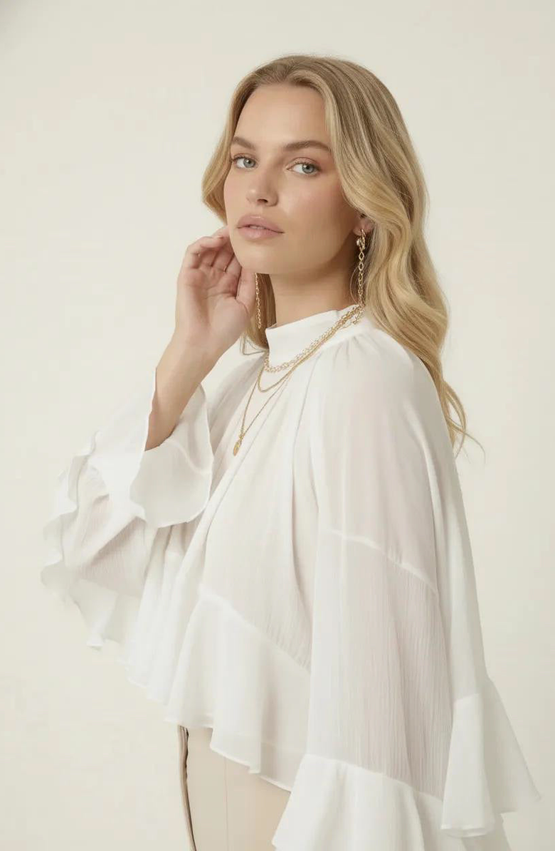 Modenaire Sheer Ruffle Sleeve Blouse, Alternate, color, White