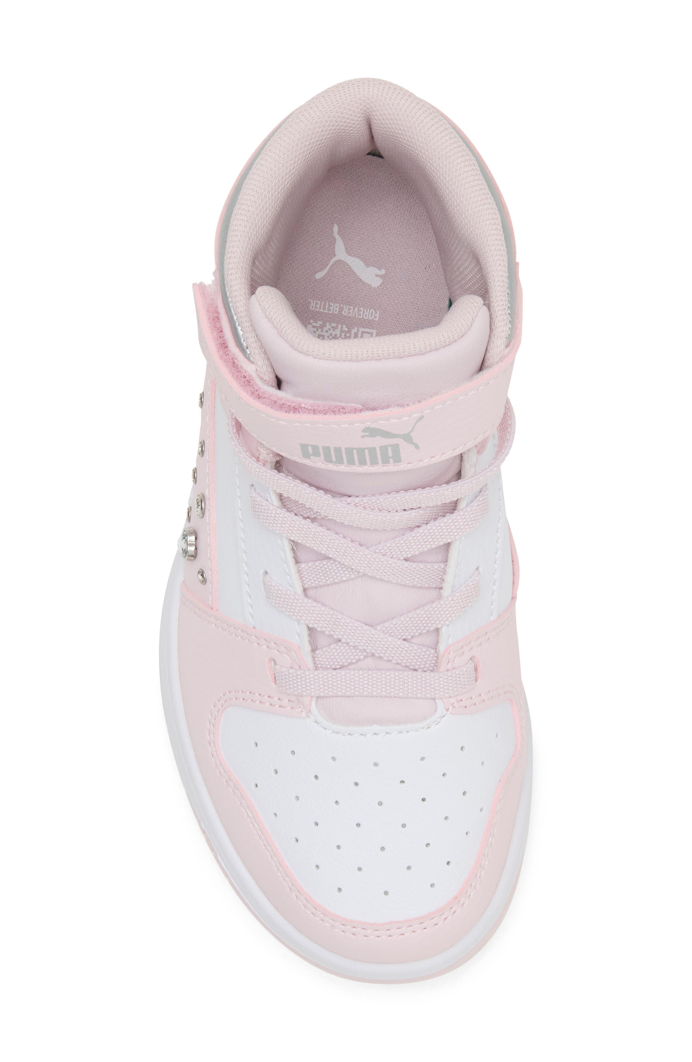 Kids' Rebound Layup Rhinestone High Top Sneaker, Alternate, color, PUMA WHITE/ PINK/ SILVER
