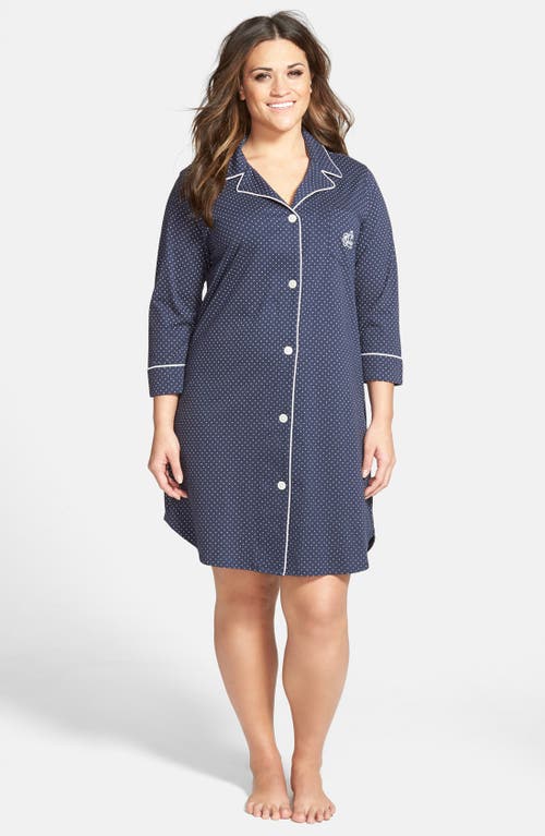 Ralph Lauren Knit Notch Collar Cotton Sleep Shirt In Madeleine Navy/white Dot