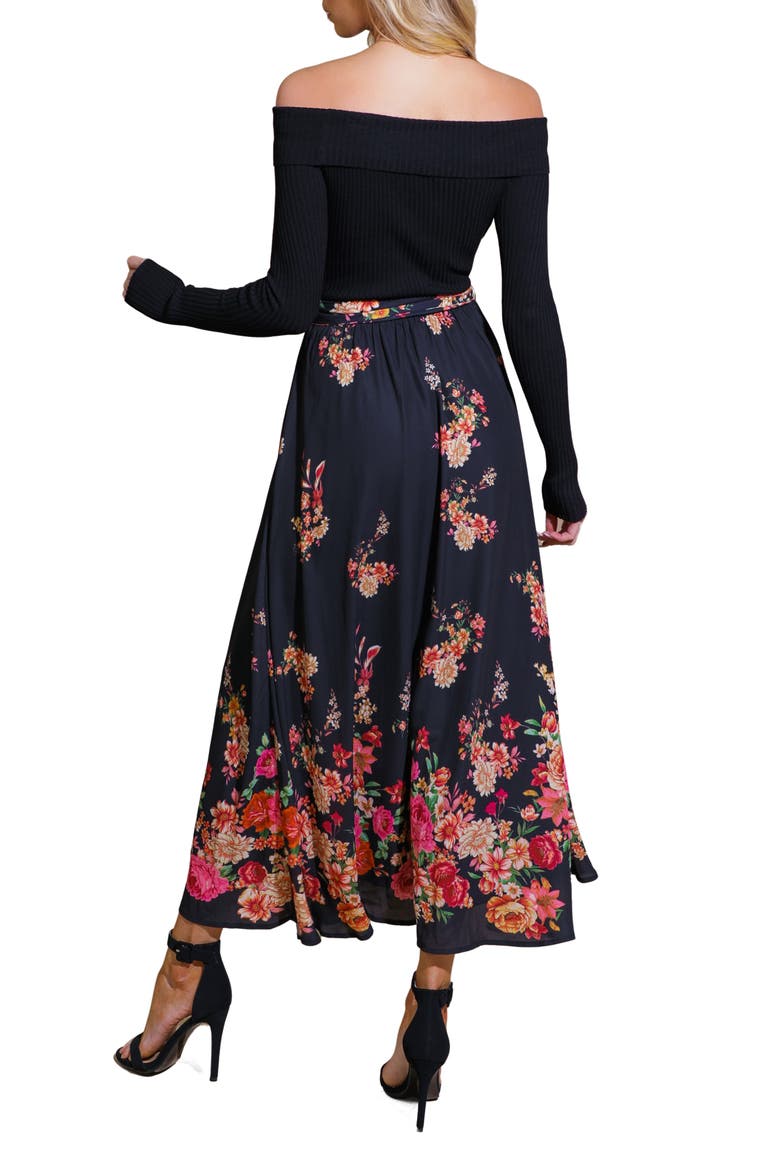 Floral Mix Off the Shoulder Midi Dress, Alternate, color, BLACK